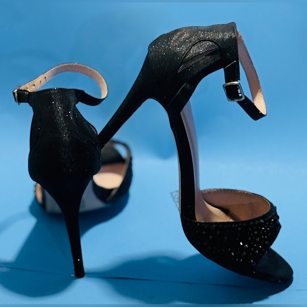 Lauren Lorraine Black Crystal Detail Open Toe Ankle Strap 4" Heels Women's 6.5